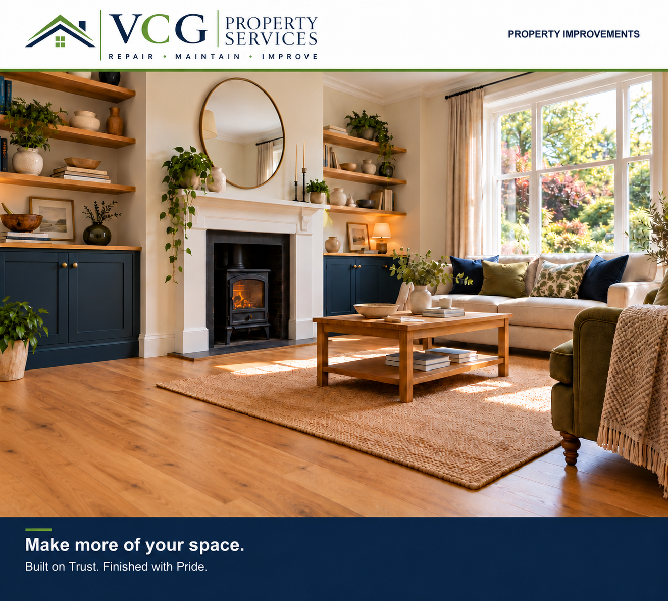 VCG Property Improvements campaign: a living room with fitted cabinets and shelving, with the message Make more of your space.